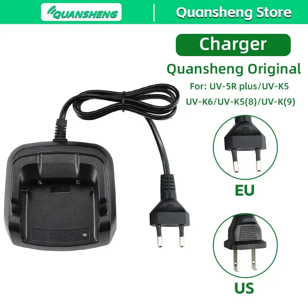 Black plastic quansheng uv-k5 charger base power adapter with led indicator and coiled power cord with eu and us plugs