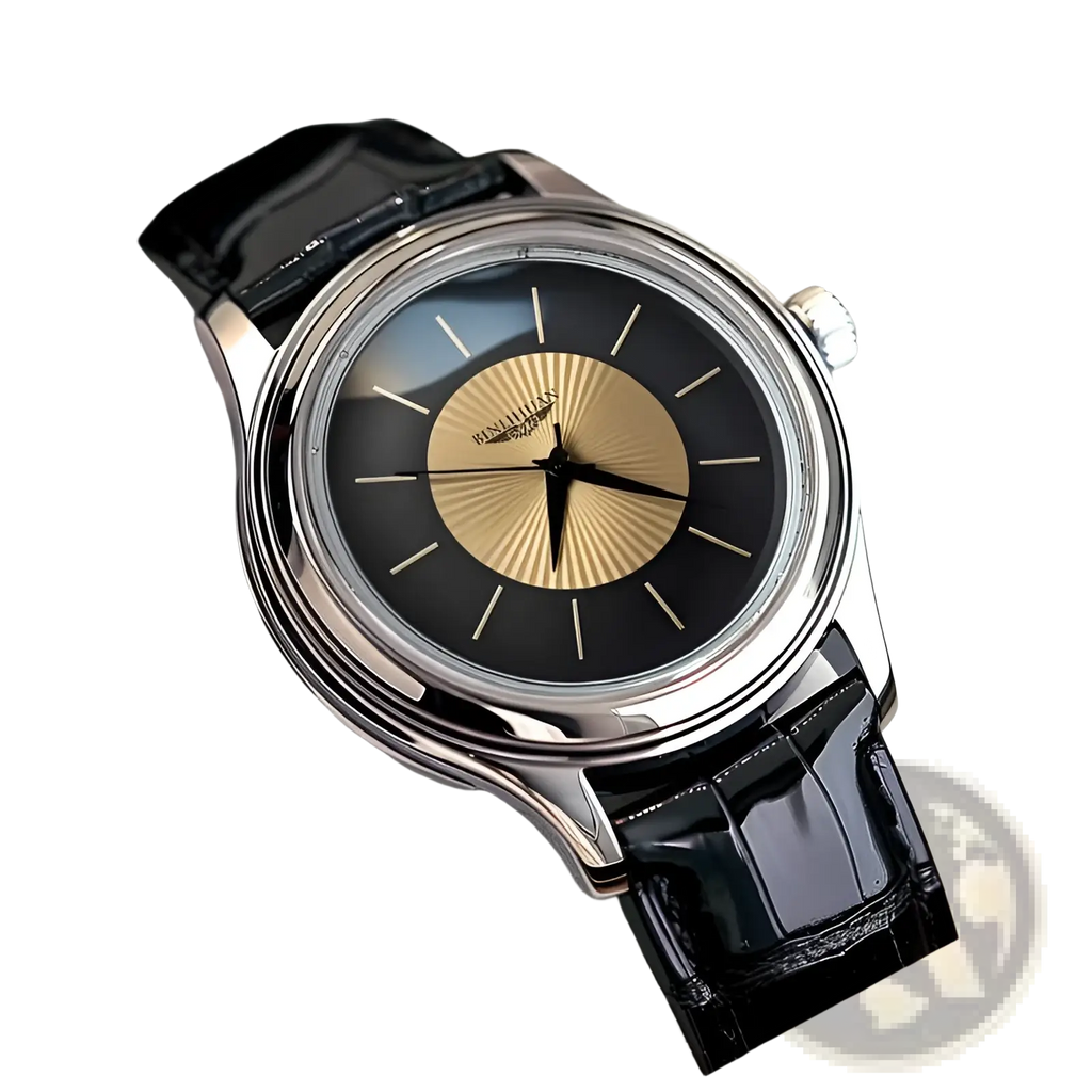 A sleek silver-tone Patek Philippe quartz leather men’s dress watch with a black dial and gold sunburst center