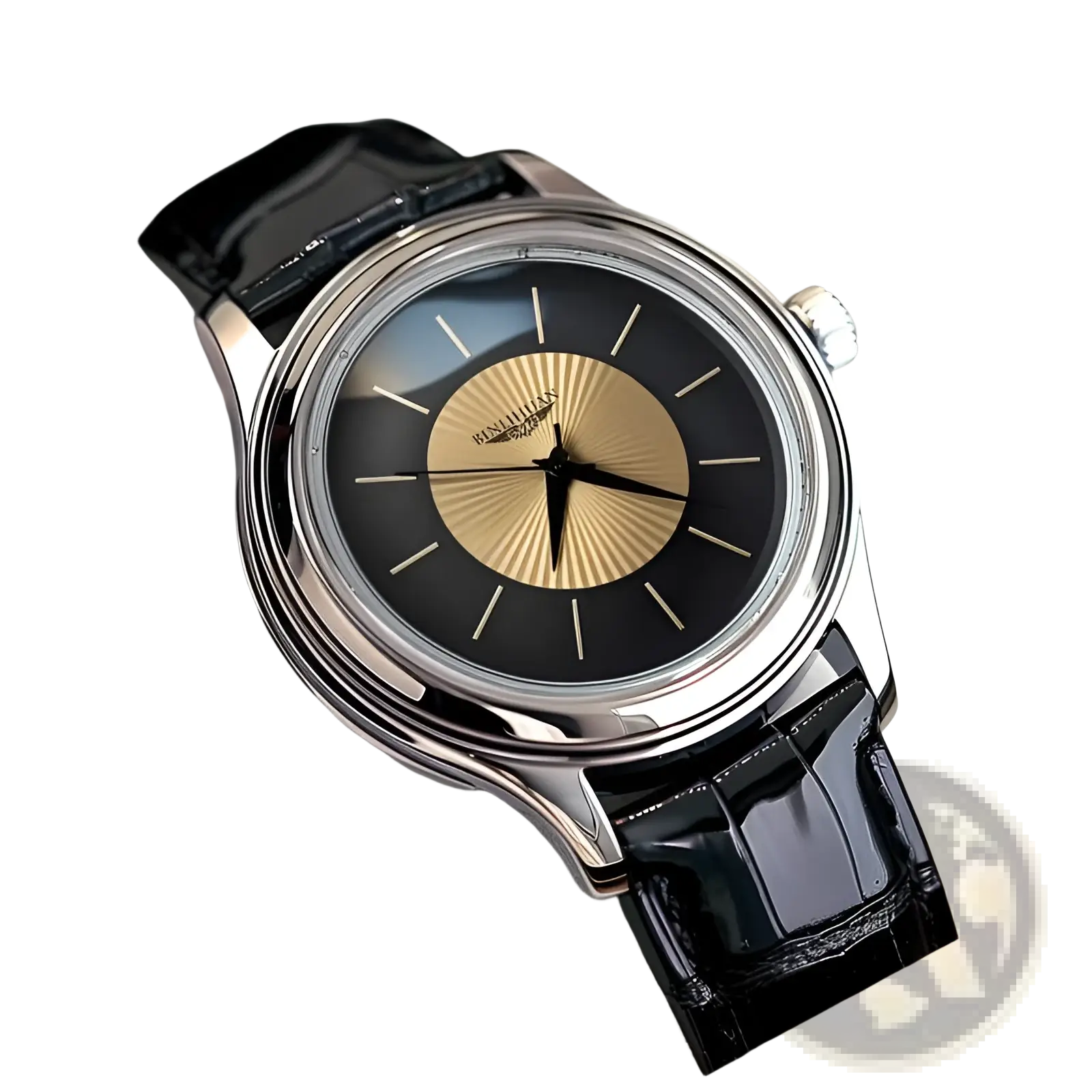 A sleek silver-tone Patek Philippe quartz leather men’s dress watch with a black dial and gold sunburst center