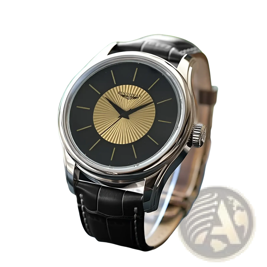 A sleek silver rovian quartz men’s dress watch with a black dial gold sunburst and textured black leather strap