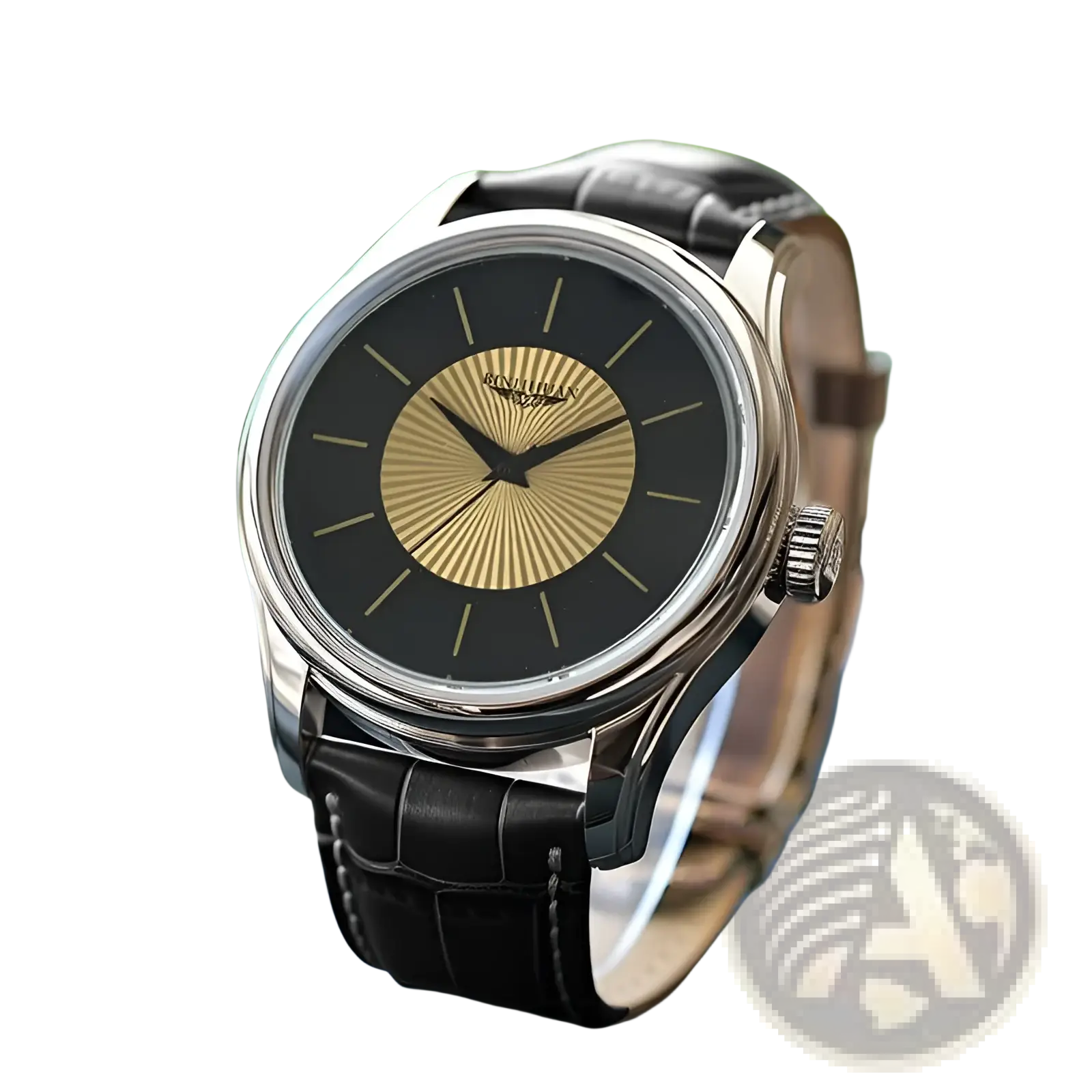 A sleek silver rovian quartz men’s dress watch with a black dial gold sunburst and textured black leather strap