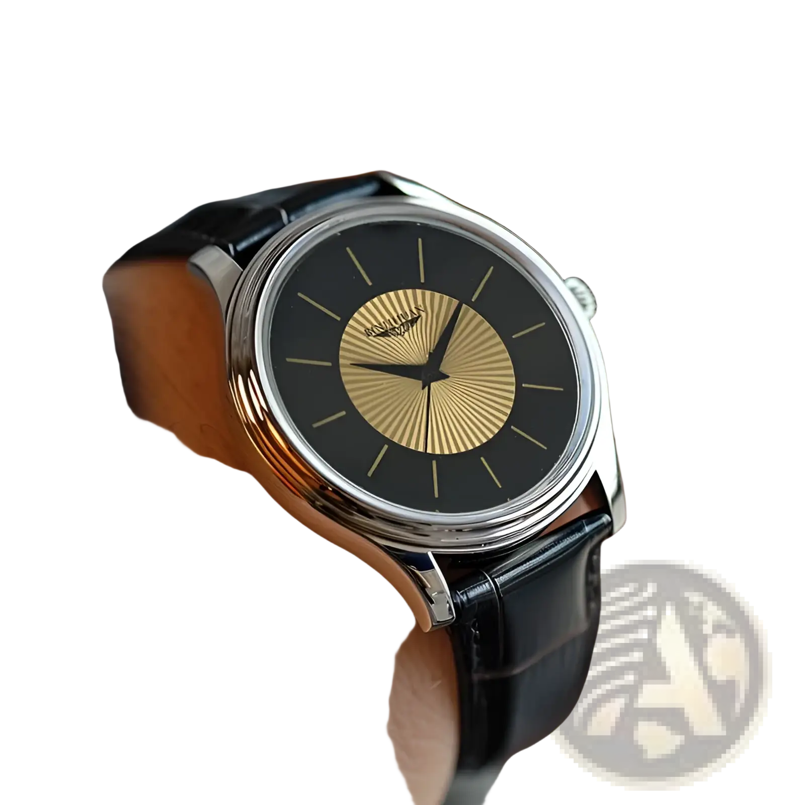 A sleek quartz leather men’s dress watch with a black dial gold sunburst rays silver case and black leather strap
