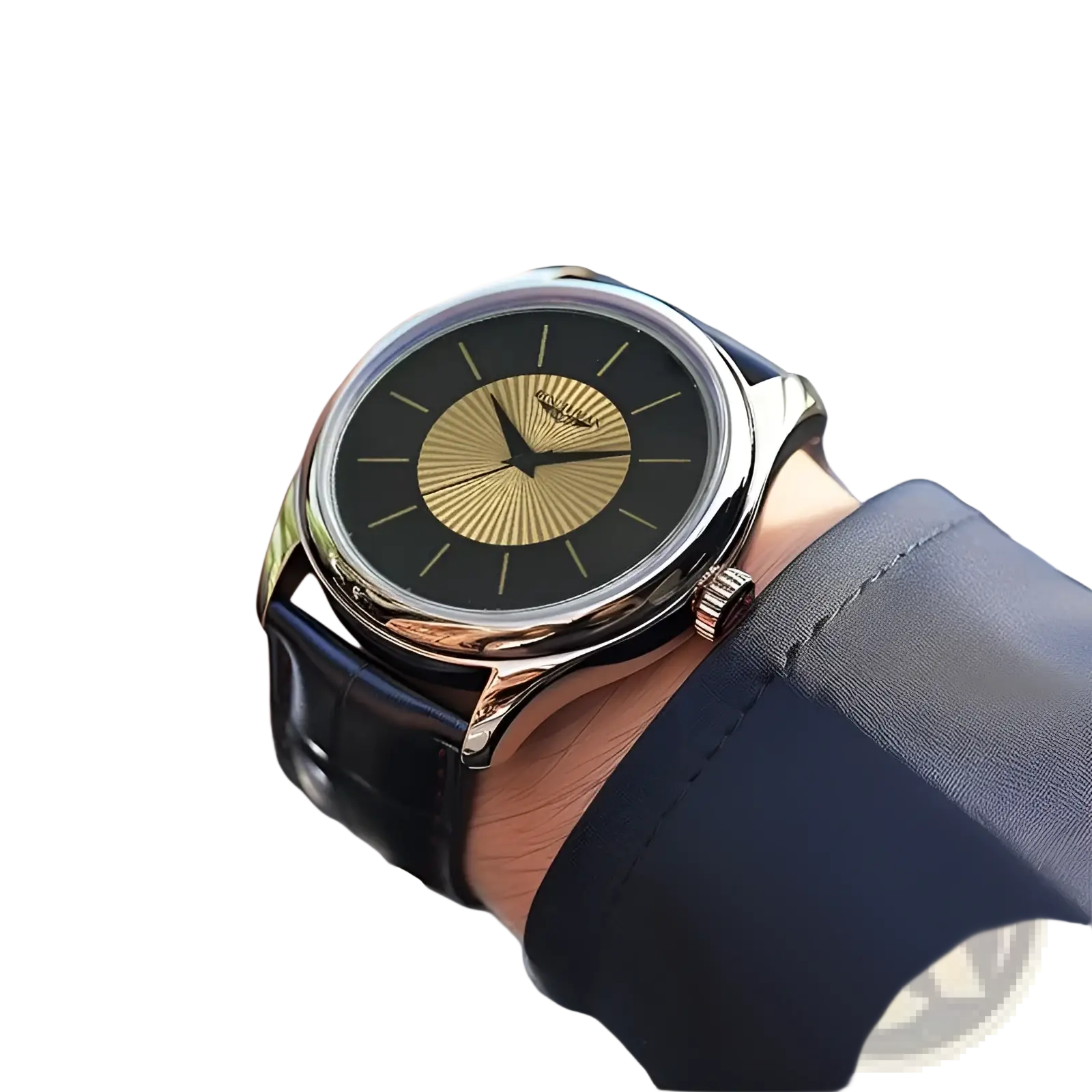 A quartz leather men’s dress watch with a black leather strap, silver case, and black dial with gold sunburst rays