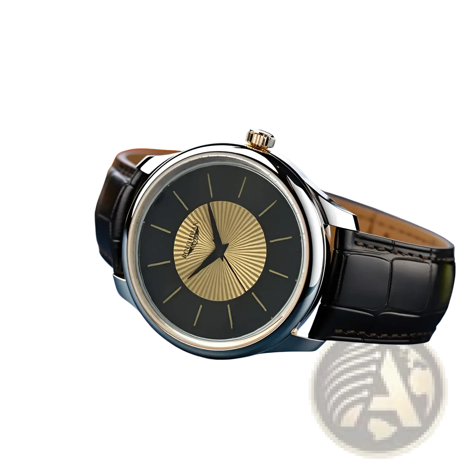 Quartz leather men’s dress watch with black leather strap, black dial with gold sunburst center, and silver-toned case