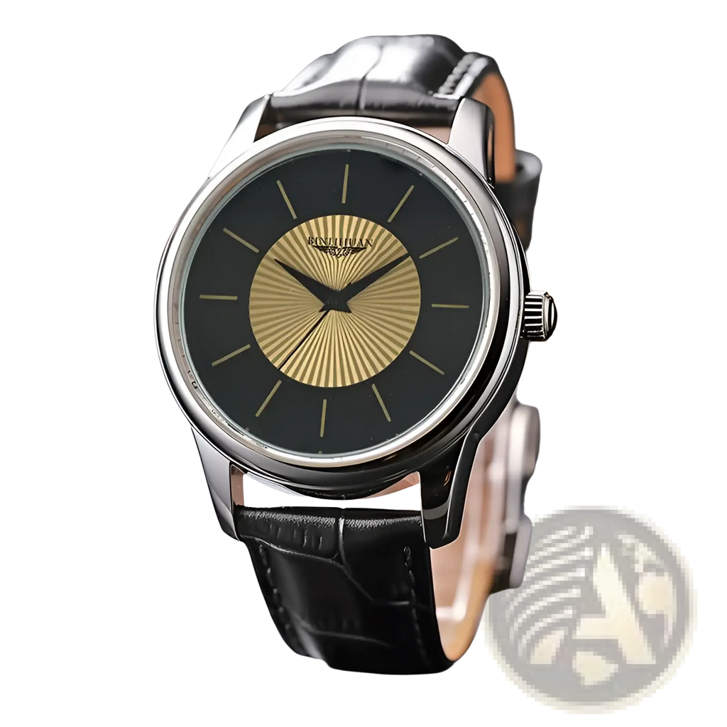 Quartz leather men’s dress watch with black leather strap silver case and black dial featuring gold sunburst rays