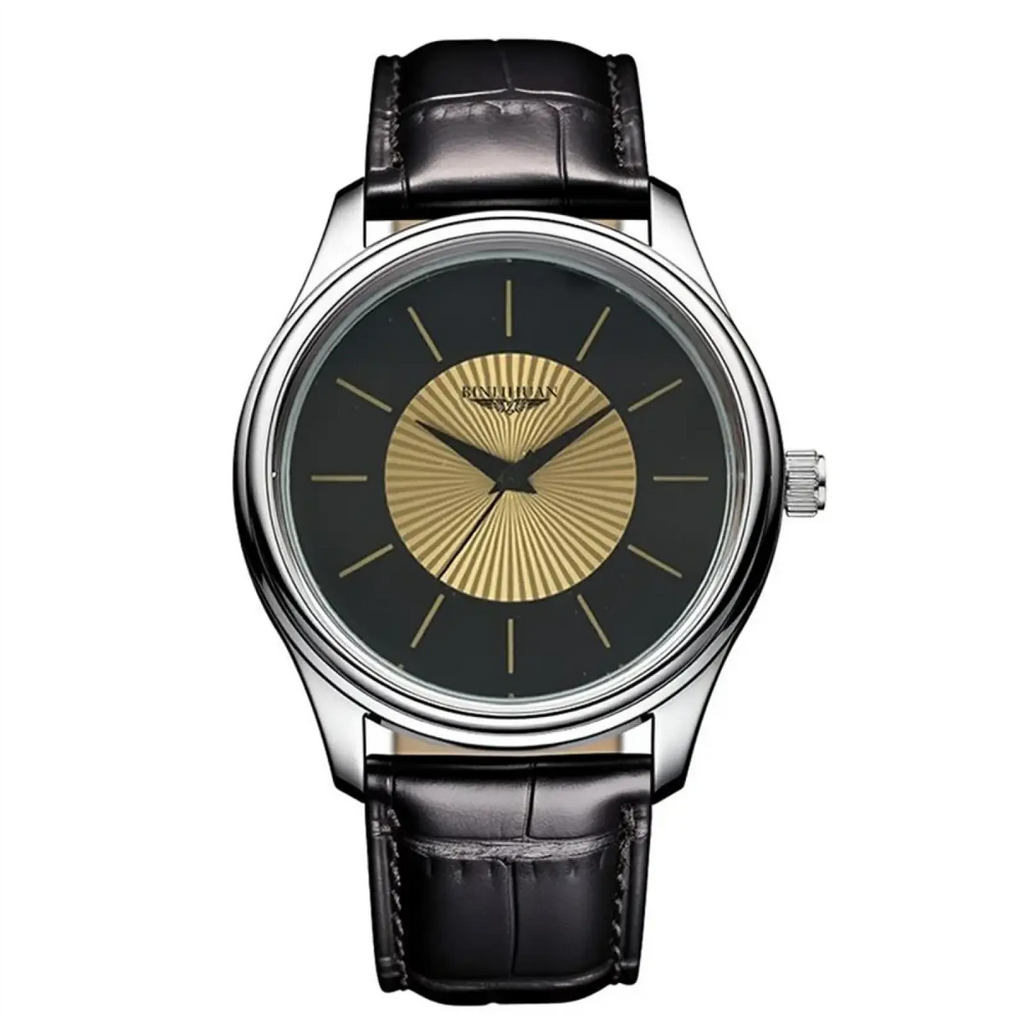 Quartz leather men’s dress watch with black leather strap silver-toned case and black dial with gold sunburst detailing