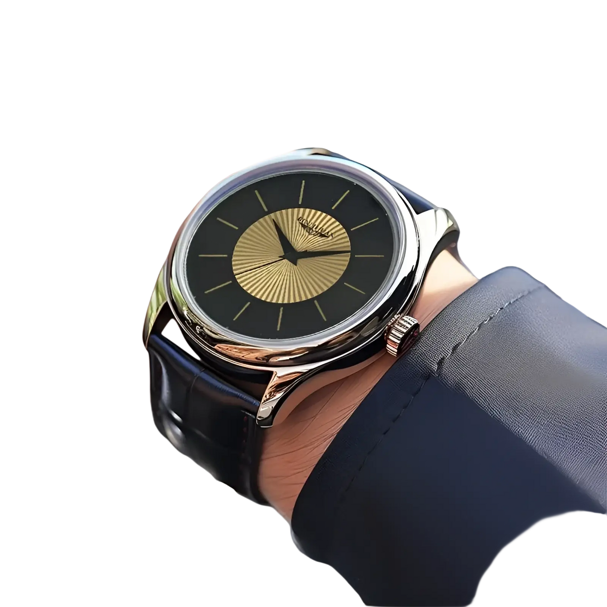 A quartz leather men’s dress watch with a black leather strap, silver case, and black dial with gold sunburst rays
