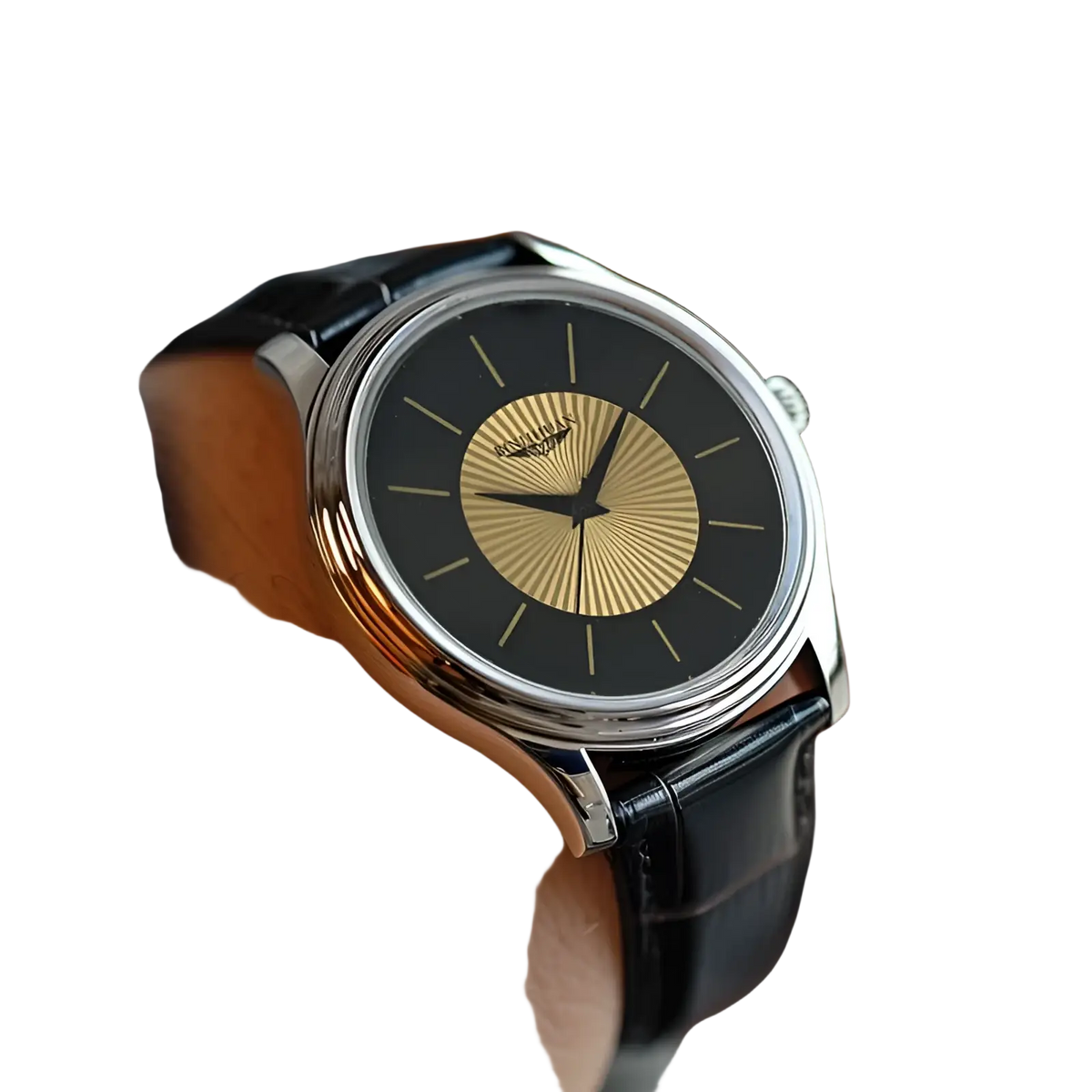 A sleek quartz leather men’s dress watch with a black dial gold sunburst rays silver case and black leather strap