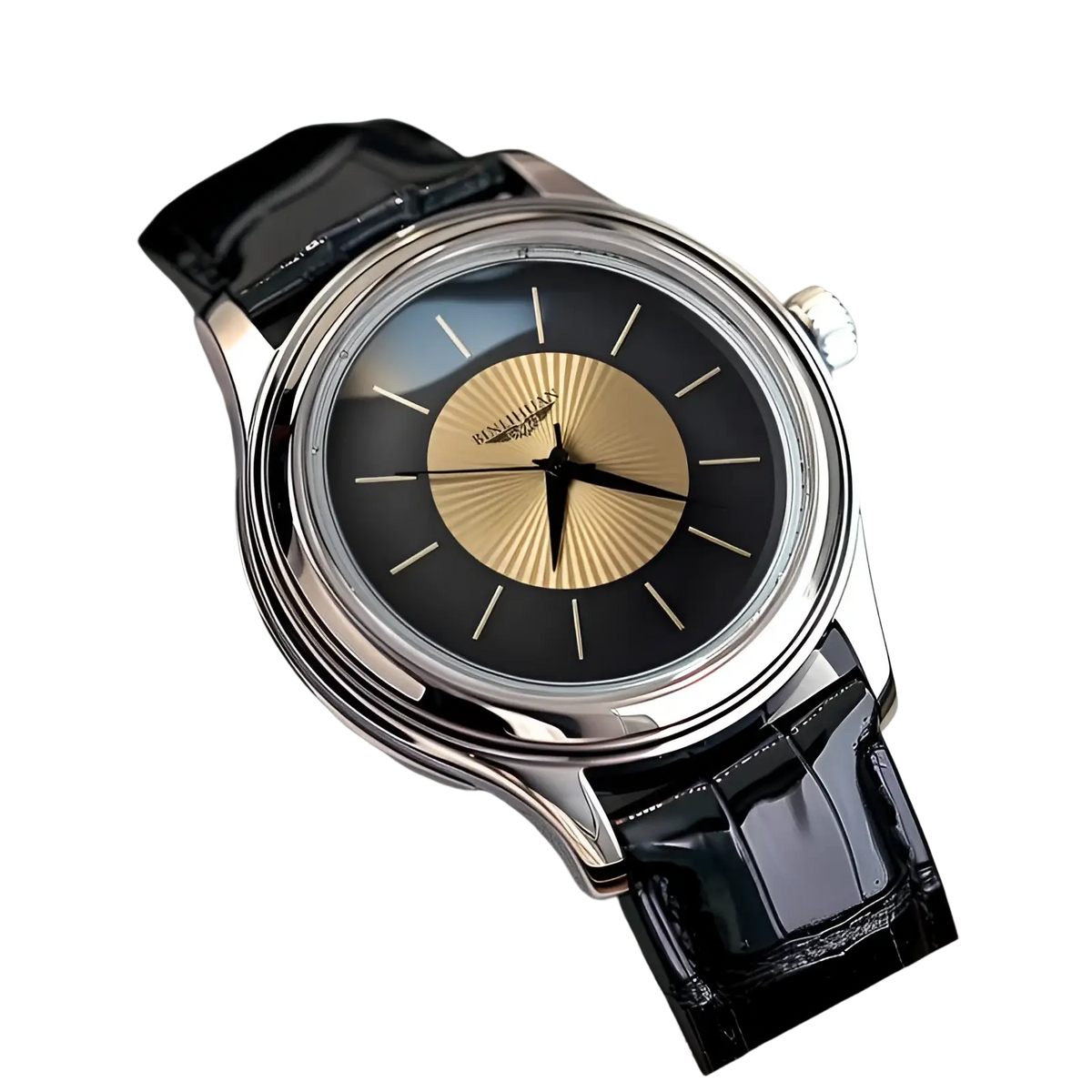 A sleek silver-tone Patek Philippe quartz leather men’s dress watch with a black dial and gold sunburst center