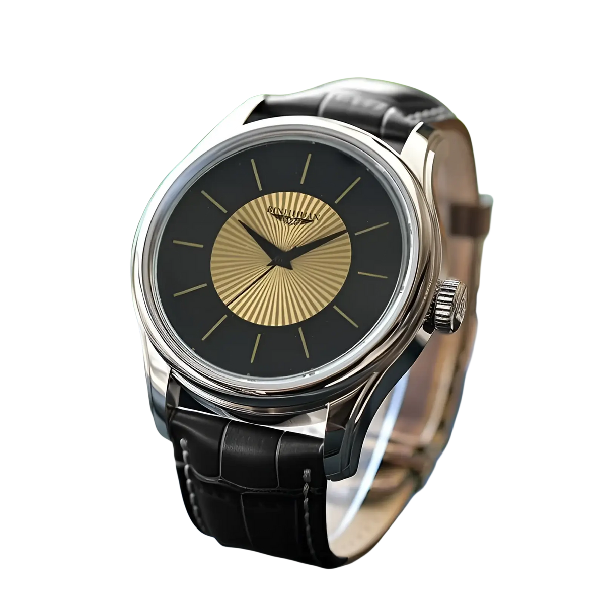 A sleek silver rovian quartz men’s dress watch with a black dial gold sunburst and textured black leather strap