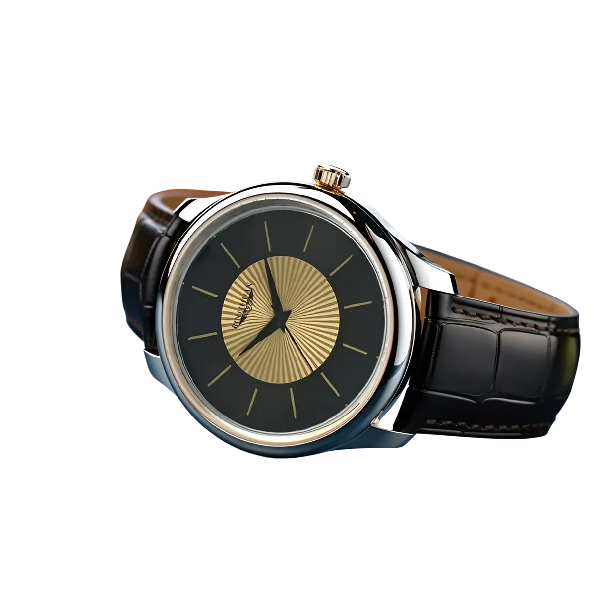 Quartz leather men’s dress watch with black leather strap, black dial with gold sunburst center, and silver-toned case