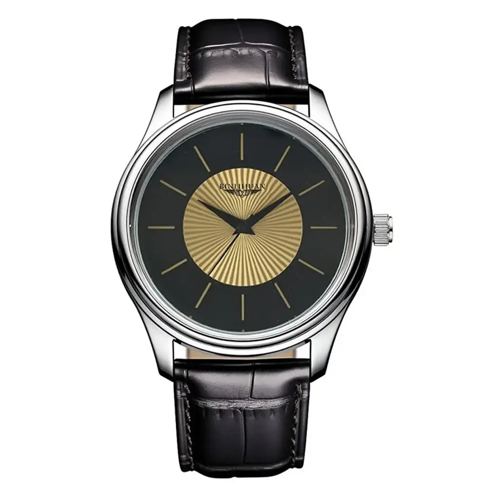 Quartz leather men’s dress watch with black leather strap silver-toned case and black dial with gold sunburst detailing
