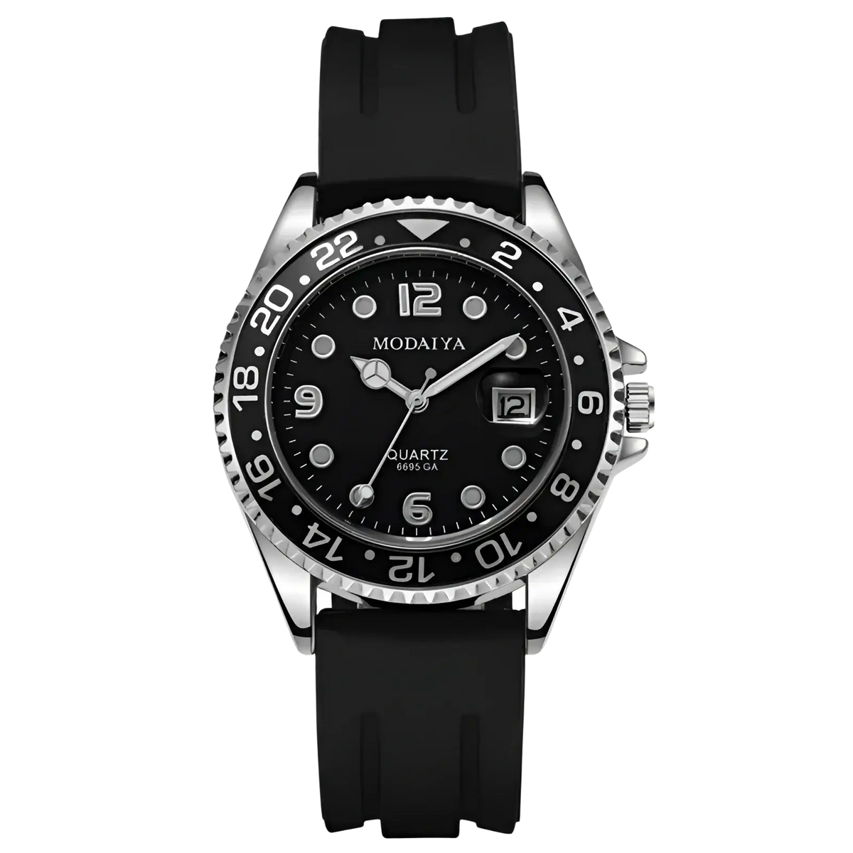 Quartz sport watch with black dial date window silver-toned case and black rubber strap for active use