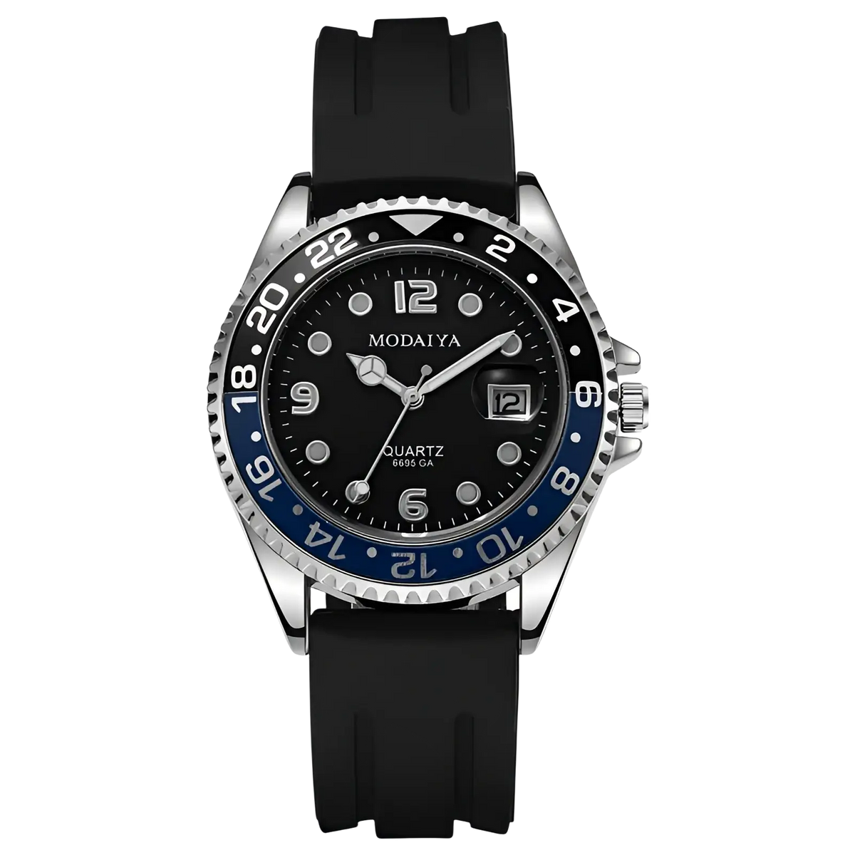 Quartz sport watch with black dial, silver-toned case, black rubber strap, and date display