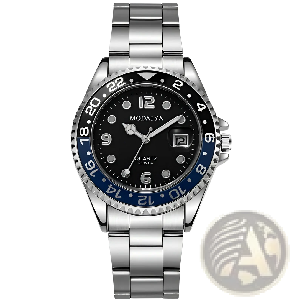 Silver-toned stainless steel quartz sport watch with black dial, blue bezel accents, white arabic numerals, and rubber strap