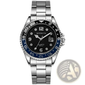 Silver-toned stainless steel quartz sport watch with black dial, blue bezel accents, white arabic numerals, and rubber strap