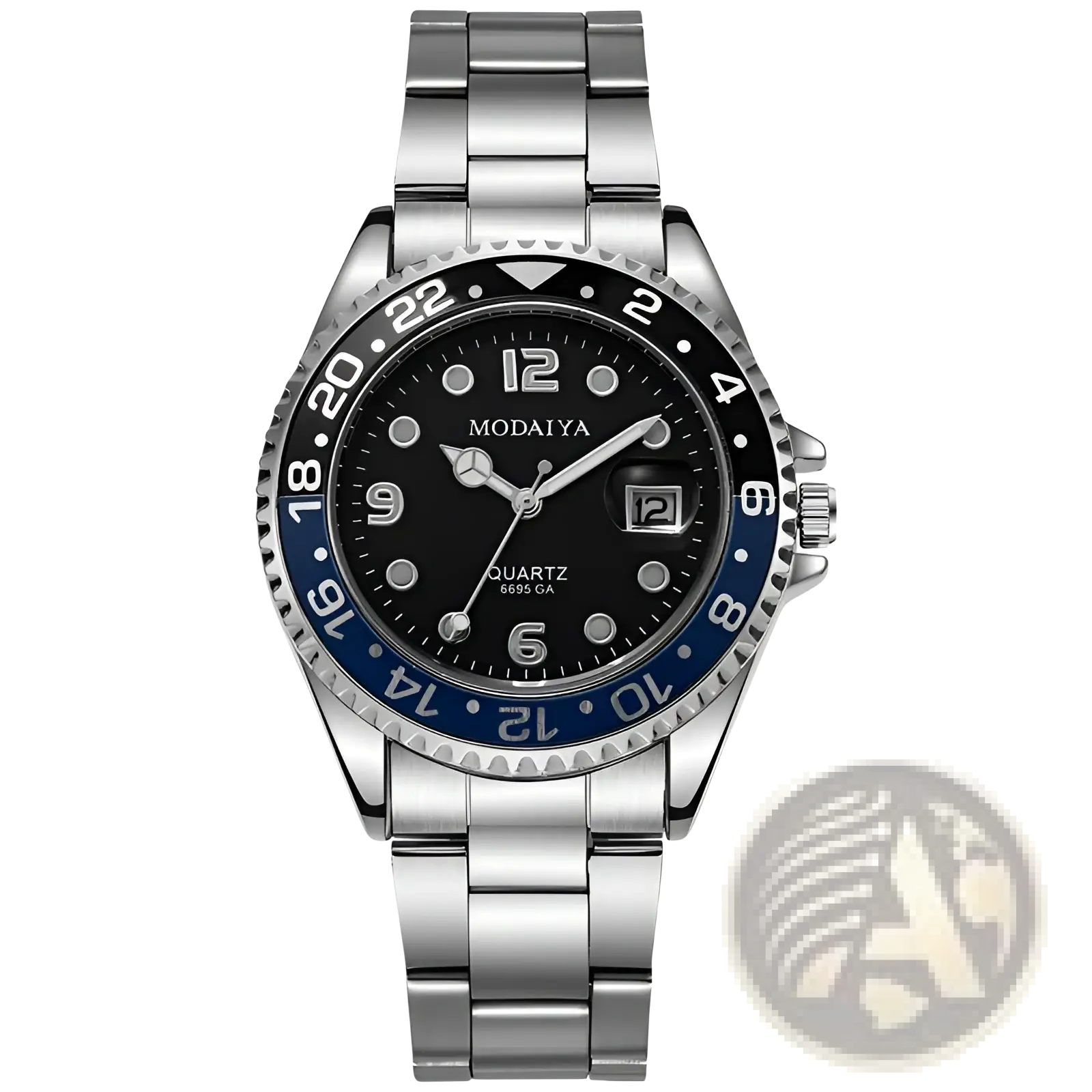Silver-toned stainless steel quartz sport watch with black dial, blue bezel accents, white arabic numerals, and rubber strap