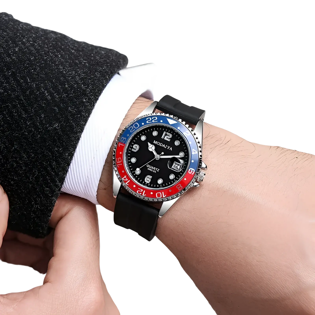 Quartz sport watch with black dial red and blue bezel silver case and black rubber strap modaiya design