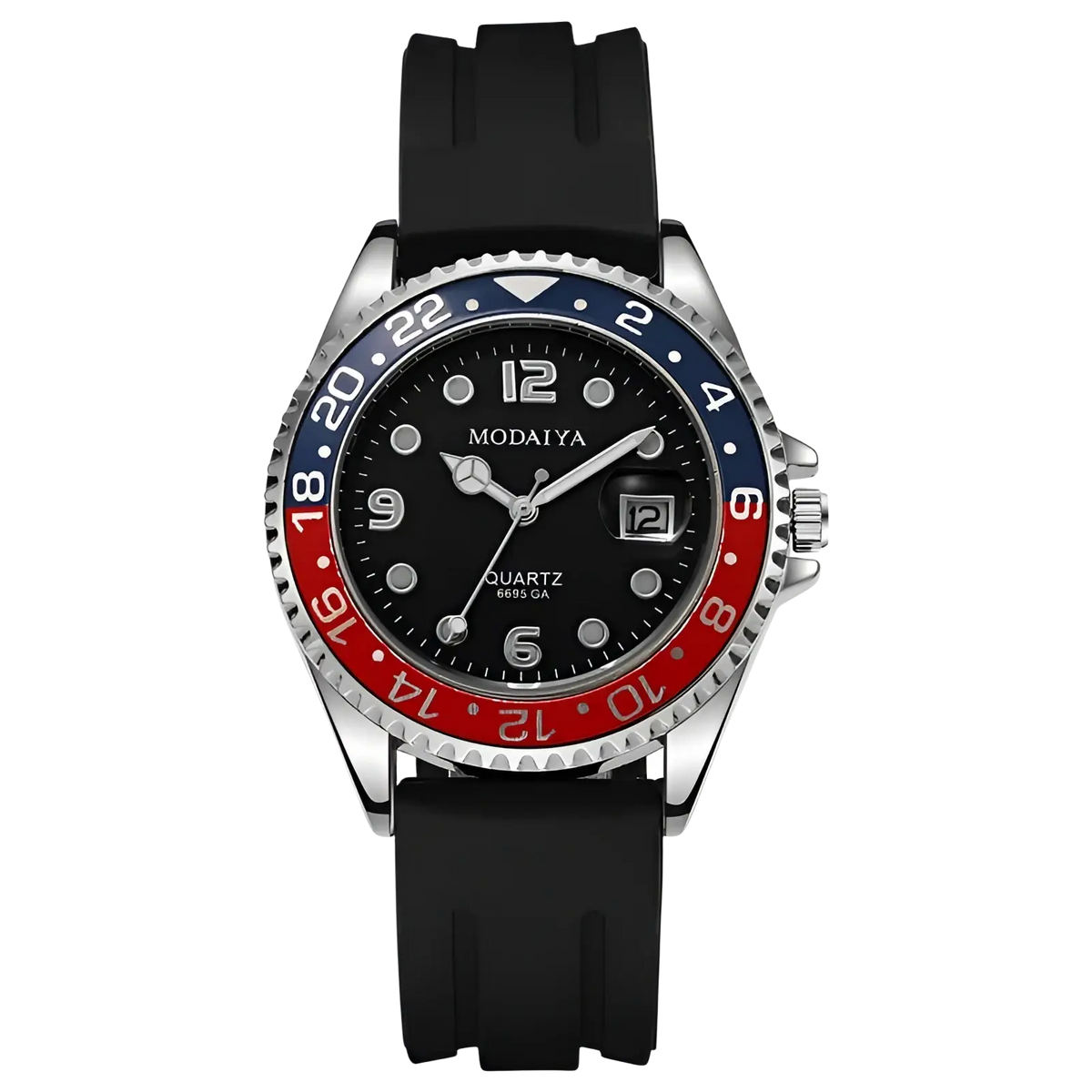 Quartz sport watch with black dial silver hands red and blue bezel accents stainless steel case and black rubber strap