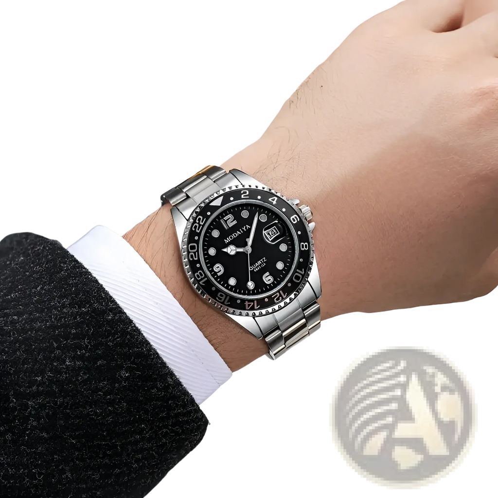 Silver-toned stainless steel men’s quartz sport watch with black dial, white markers, date window, and textured bezel