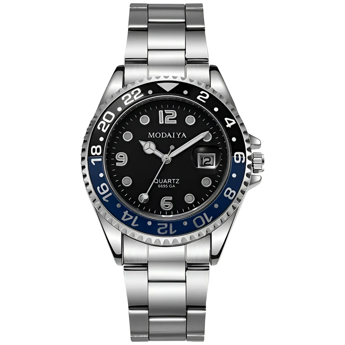 Silver-toned stainless steel quartz sport watch with black dial, blue bezel accents, white arabic numerals, and rubber strap