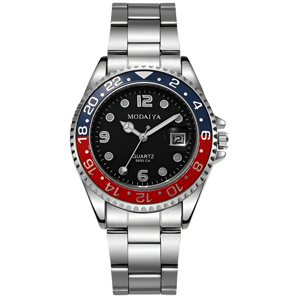 Quartz sport watch with black dial, silver-toned stainless steel case, red and blue bezel, and silver-tone hands