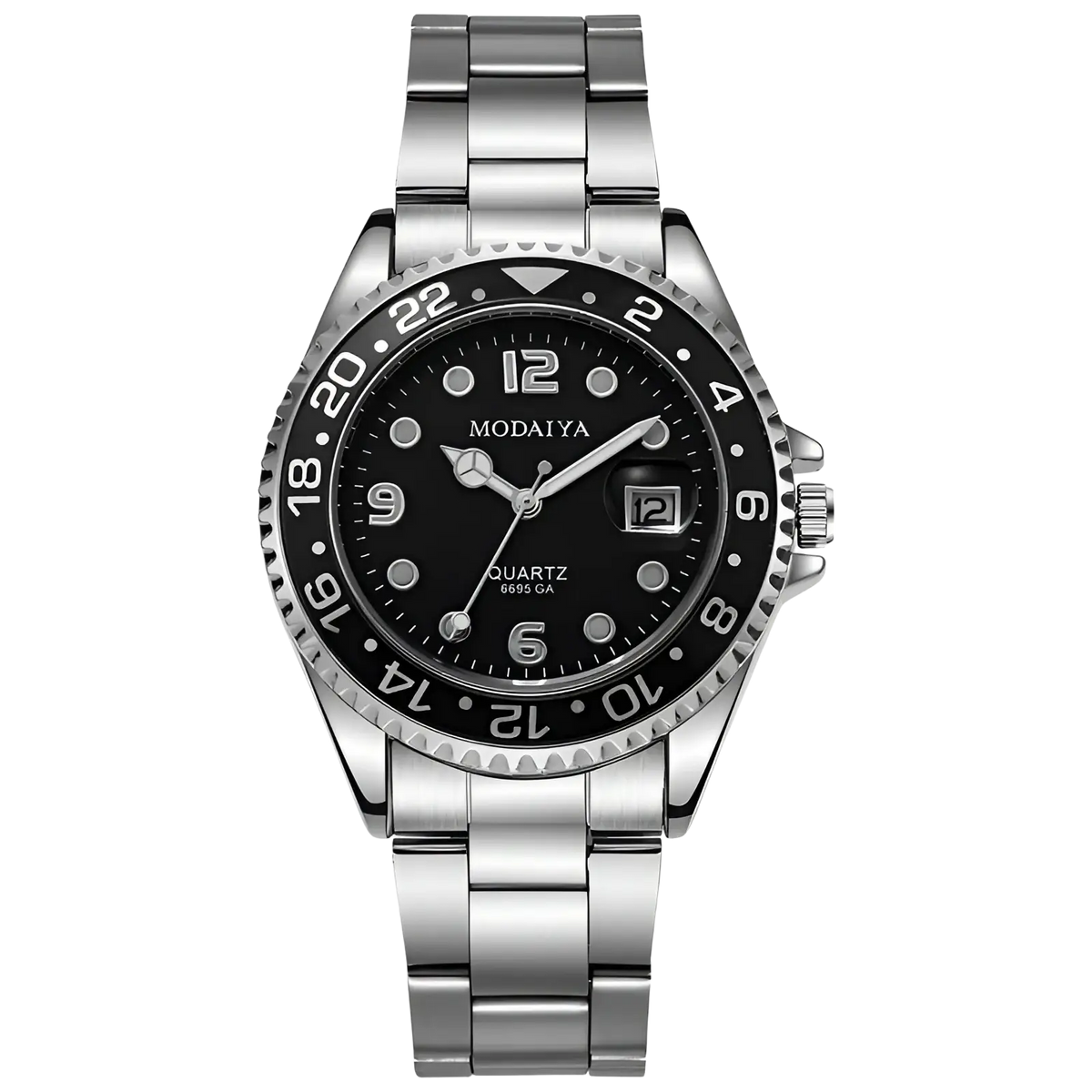 Silver-toned stainless steel quartz sport watch with black dial white numerals and rubber strap with date window at 3 o’clock