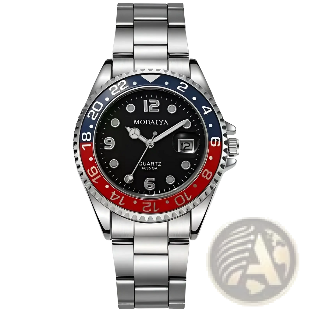 Silver-toned stainless steel quartz sport watch with black dial, red and blue bezel accents, and rubber strap