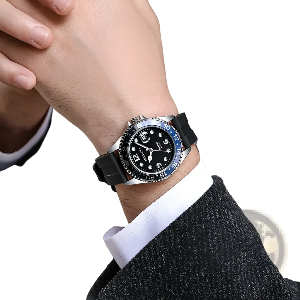 Quartz sport watch with black dial, sleek black rubber strap, silver-toned case, and blue bezel featuring white numerals