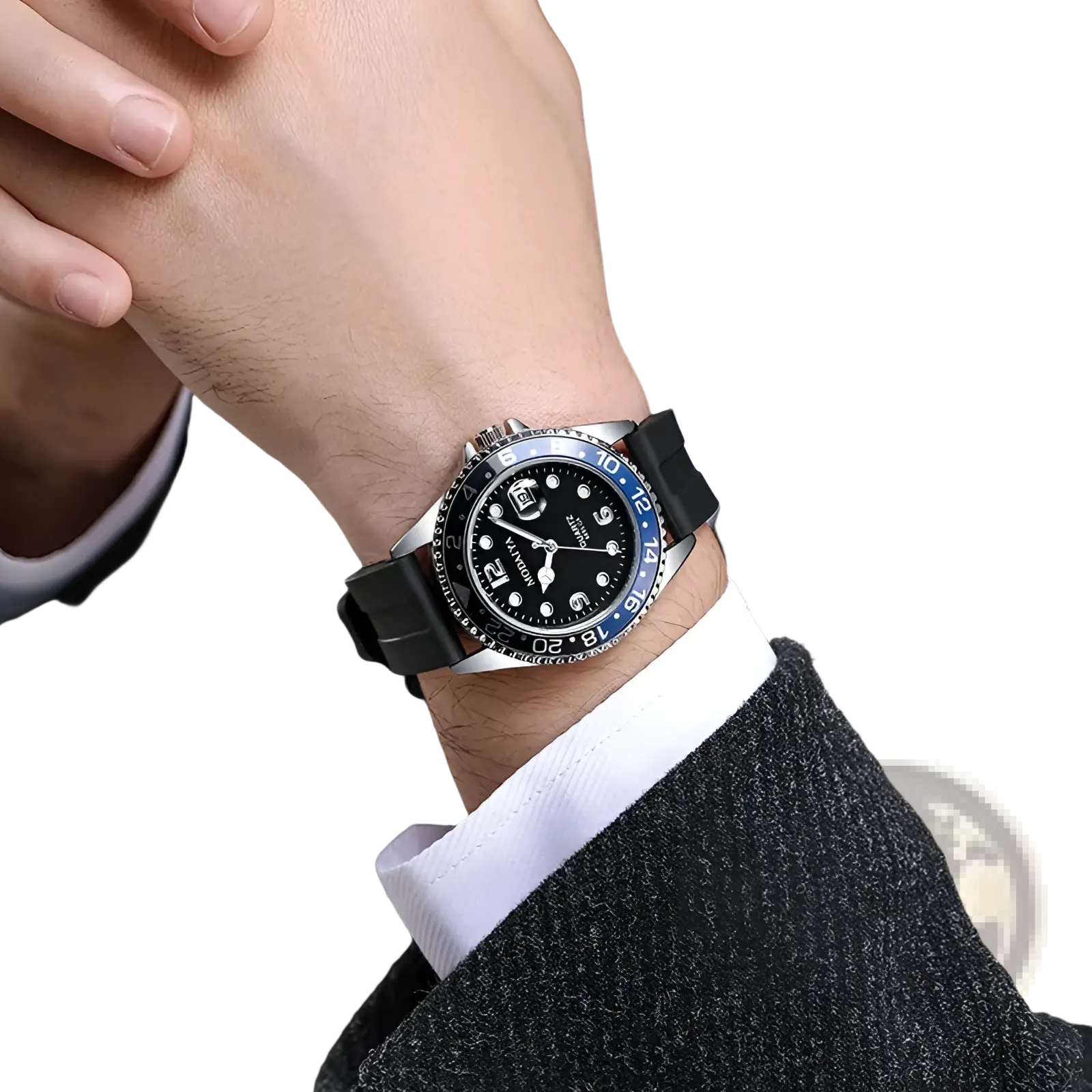 Quartz sport watch with black dial, sleek black rubber strap, silver-toned case, and blue bezel featuring white numerals