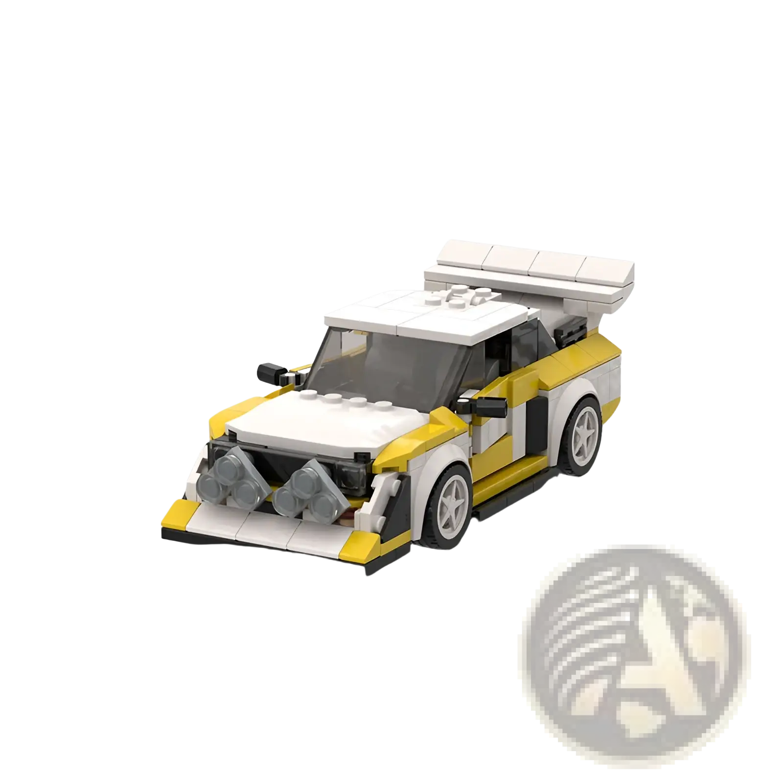 Yellow and white lego quattro s1 rally car building kit with black accents for moc racing toy display