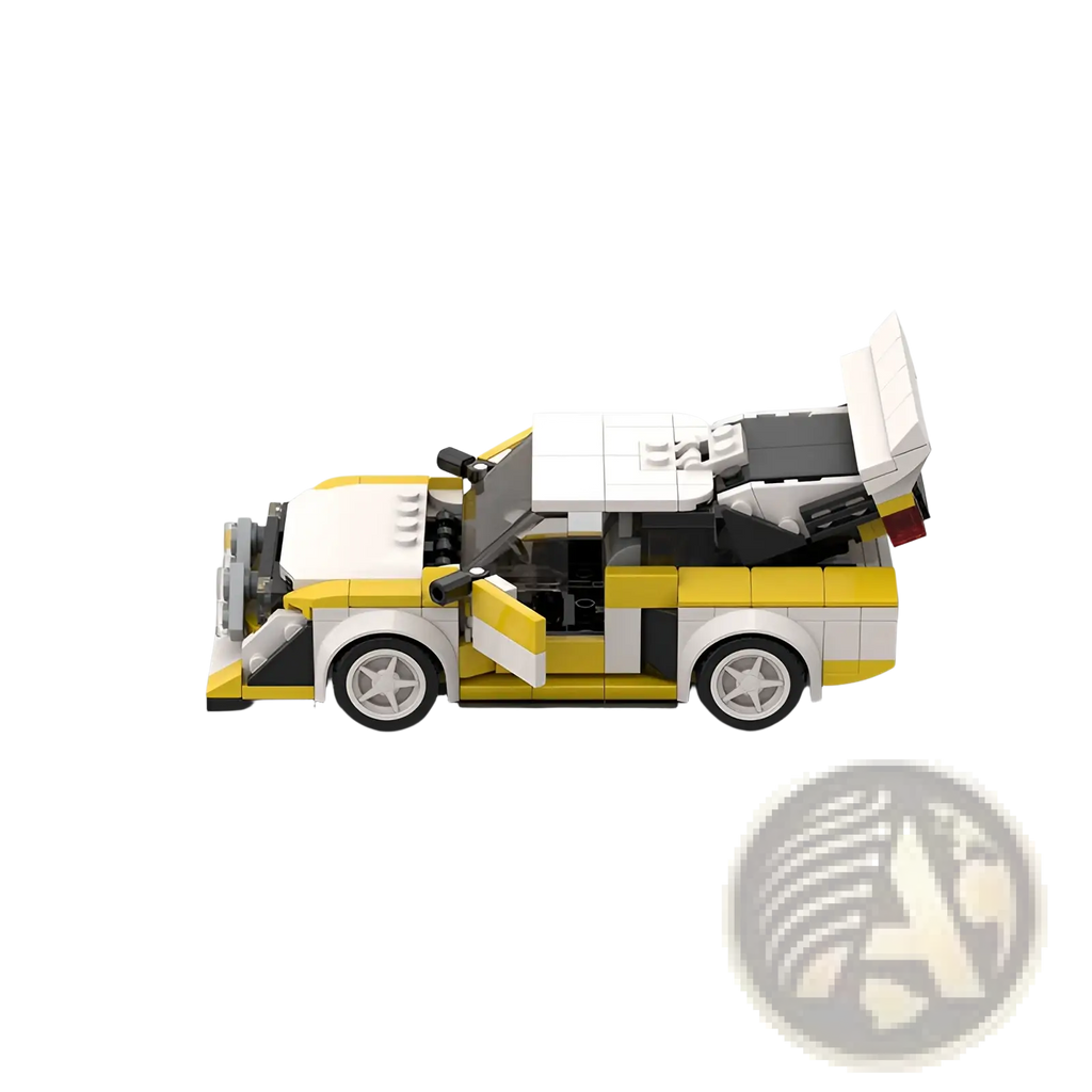 Yellow and white lego technic quattro s1 rally car building kit model with open doors and rear spoiler visible