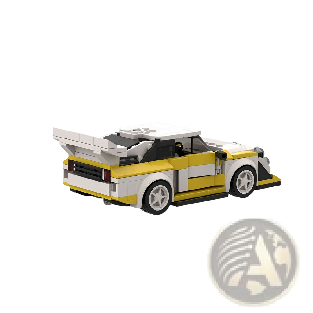 Yellow and white lego Quattro S1 rally car building kit with black accents designed as a moc racing toy