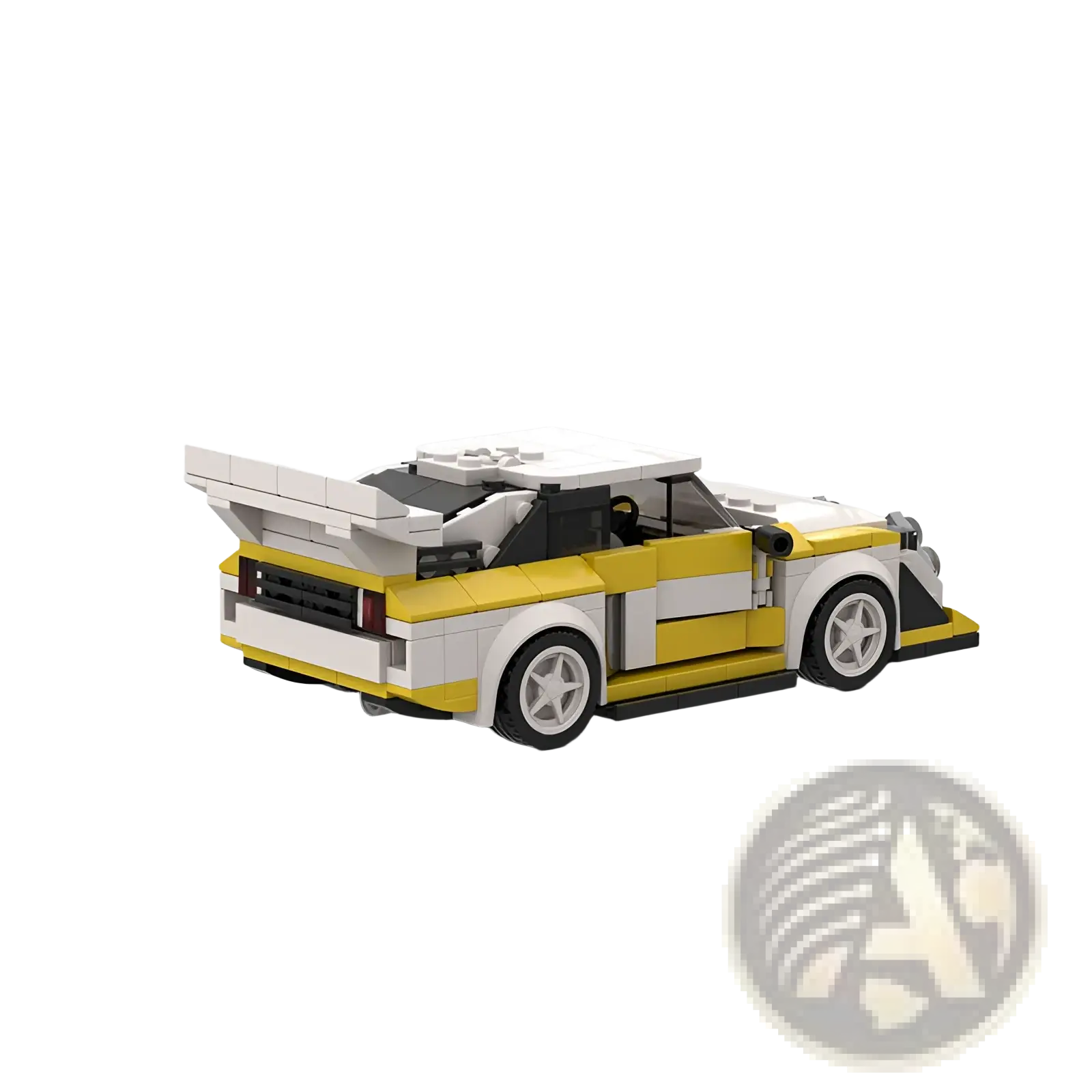 Yellow and white lego Quattro S1 rally car building kit with black accents designed as a moc racing toy