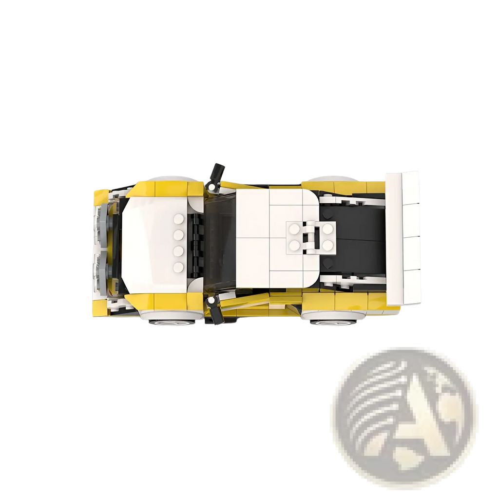 Yellow and white lego technic quattro s1 rally car with black interior details racing toy model