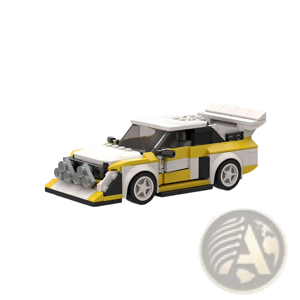 Yellow and white lego quattro s1 rally car building kit with black accents designed as a moc racing toy model