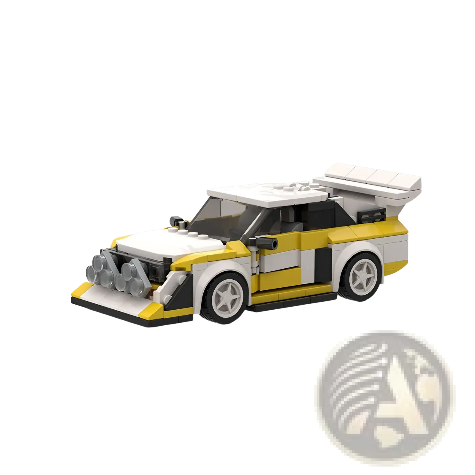 Yellow and white lego quattro s1 rally car building kit with black accents designed as a moc racing toy model