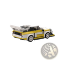 Yellow and white lego Quattro S1 rally car building kit with black accents designed as a moc racing toy