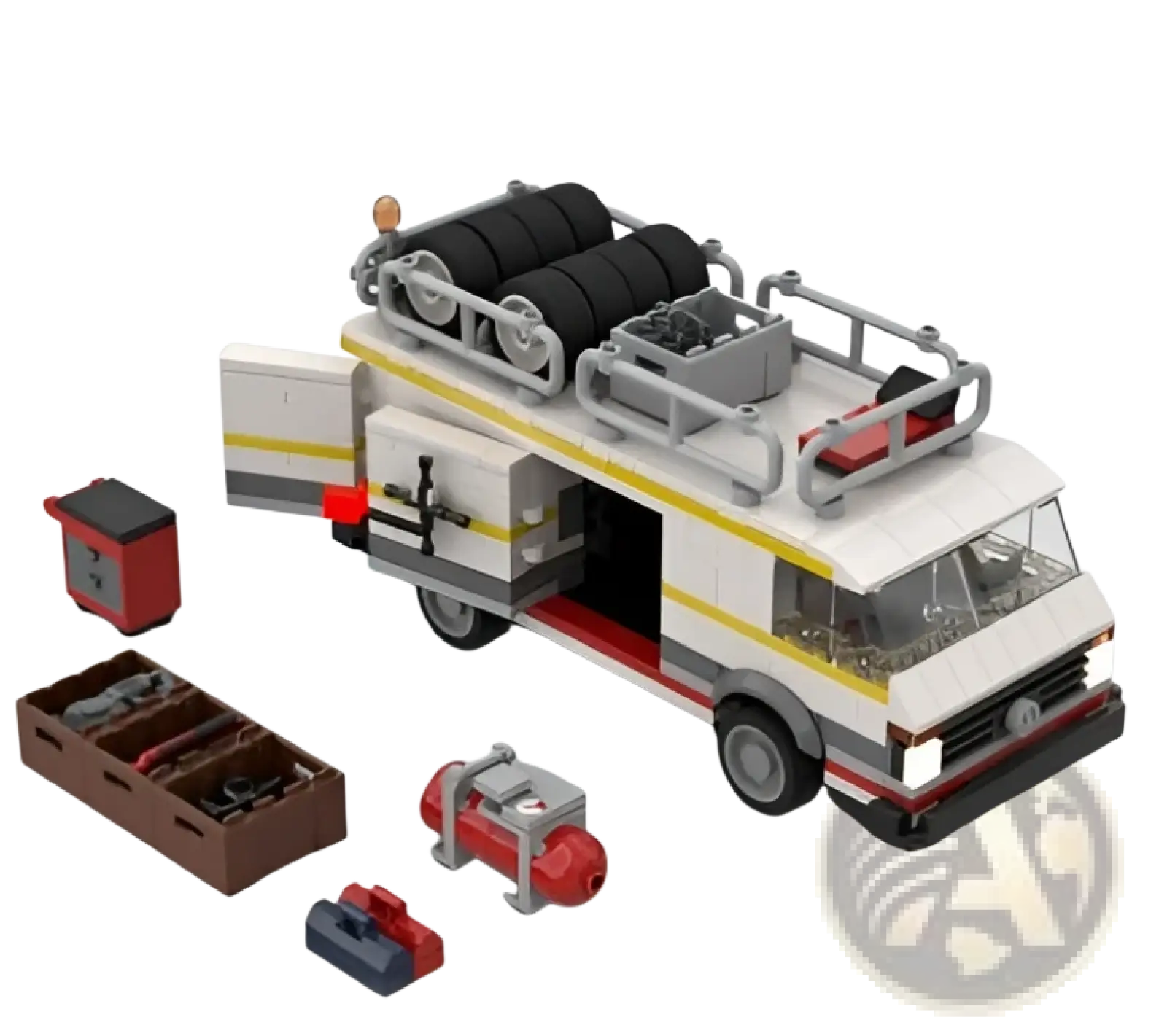 White and yellow lego technic quattro s1 rally car van with red accents and roof rack carrying tires and tools