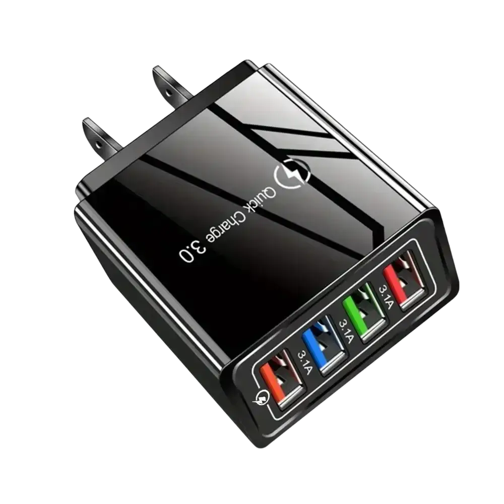Black rectangular quick charge 4-port usb wall charger with colorful glossy ports and eu us plug for fast charging