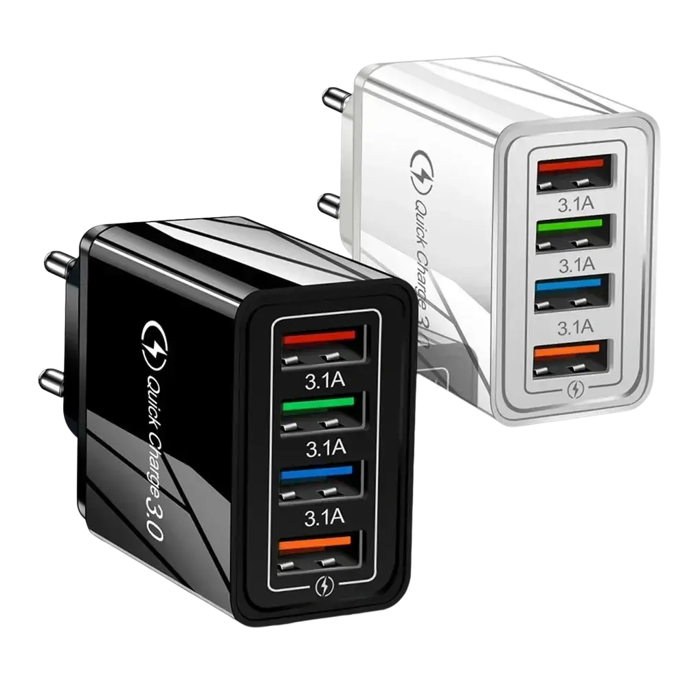 Black and silver quick charge 4-port usb wall charger eu us plug with color-coded usb slots for fast device charging