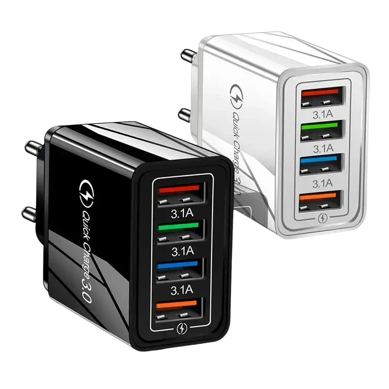Black and silver quick charge 4-port USB-C wall charger with color-coded ports and EU US plug for fast charging