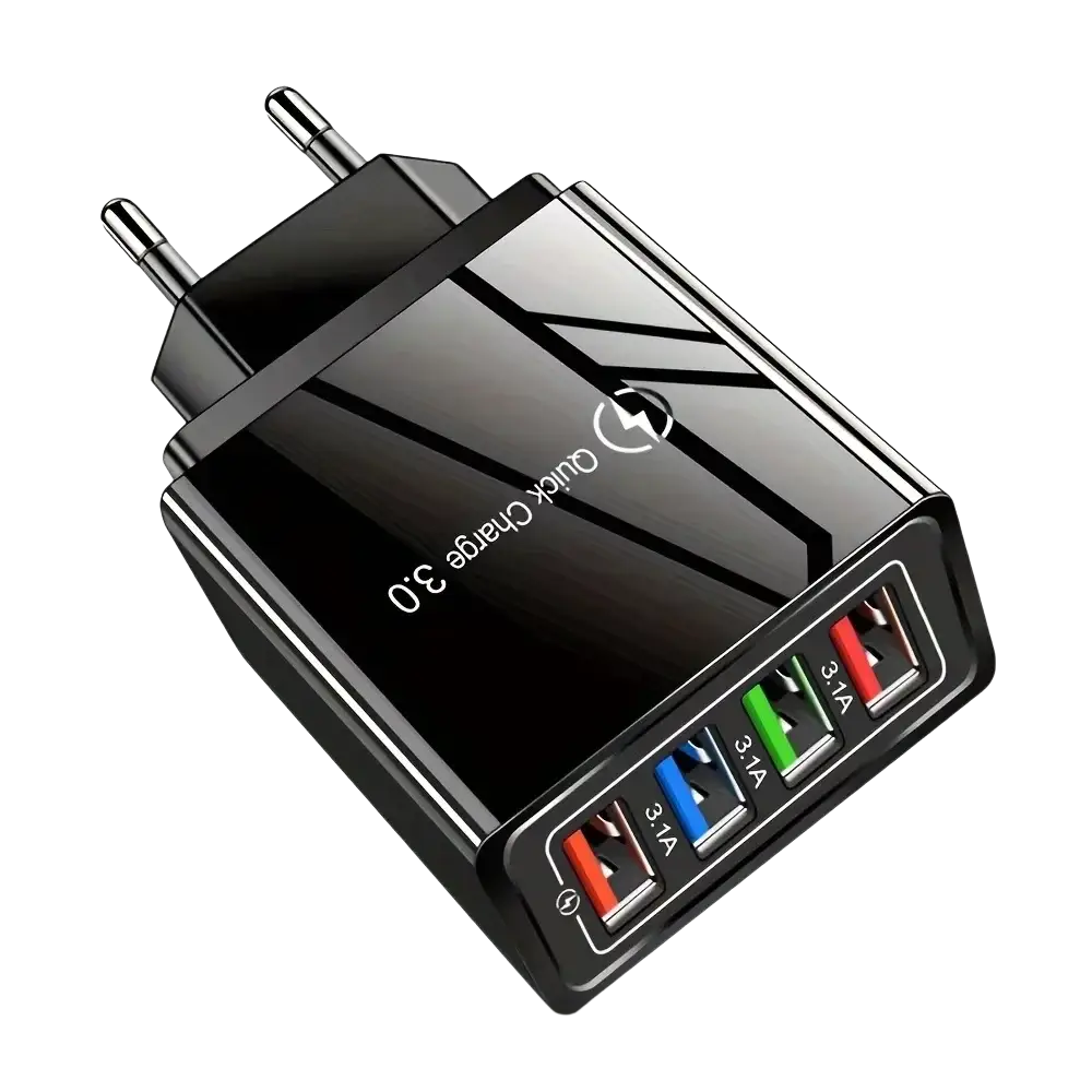 Black eu-style quick charge 4-port usb wall charger with color-coded usb ports for varied amperage levels and eu us plug