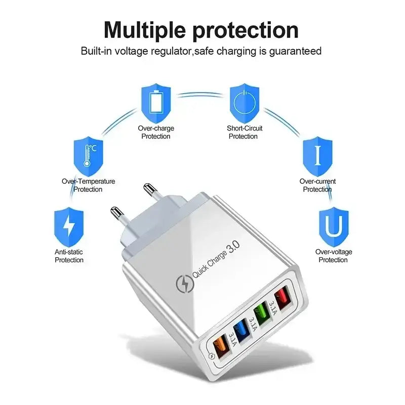Silver quick charge 4-port usb wall charger eu us plug with quick charge 3.0 branding and color-coded amperage ports
