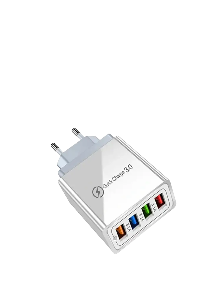 Silver rectangular usb wall charger with multiple colored ports and quick charge 3.0 branding for fast charging