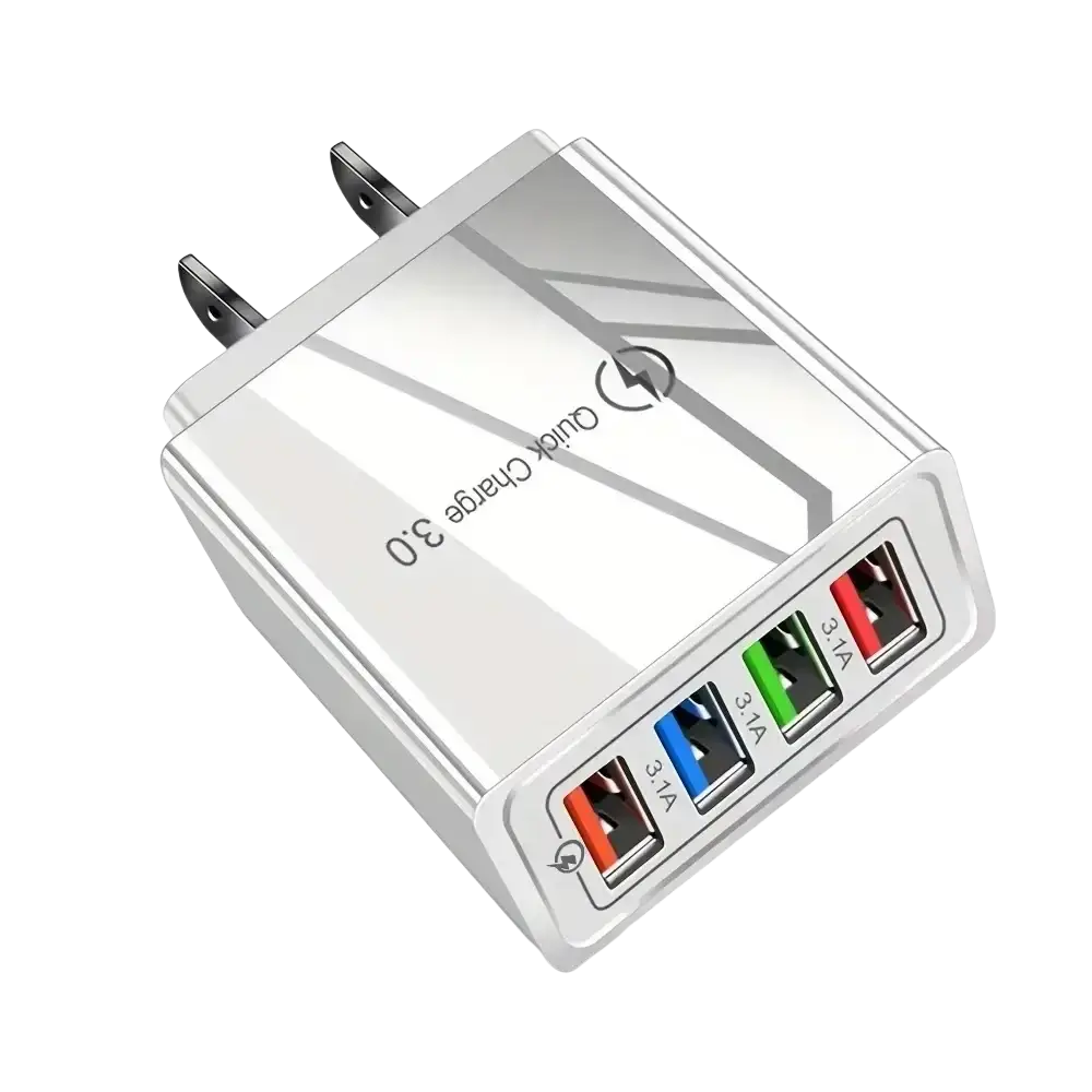 Silver rectangular quick charge wall charger with four usb ports in red blue green and black usb wall charger eu us plug