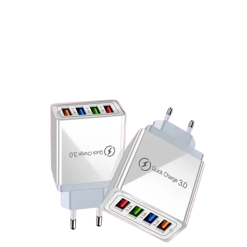 White quick charge 3.0 usb wall charger with four colored ports and European plug for fast charging