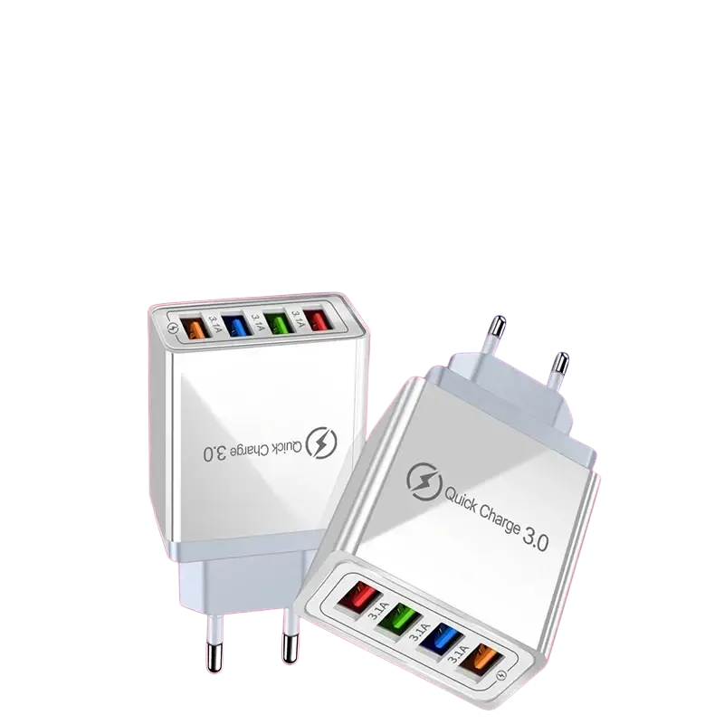 White rectangular quick charge usb wall charger with four colored ports and eu us plug prongs for international use
