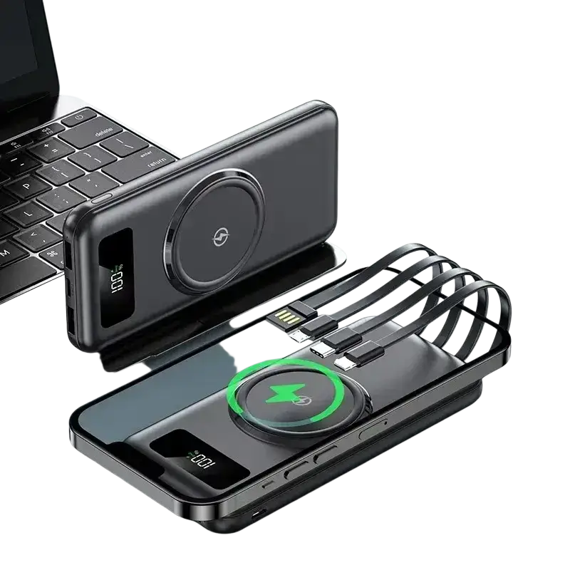Black quick charge power bank with built-in cables including micro USB and circular magnetic wireless charging pad