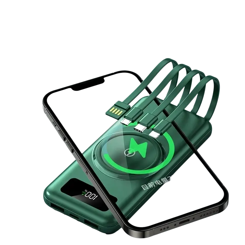Dark green quick charge power bank with li-polymer battery, built-in micro usb cables, and wireless charging capabilities
